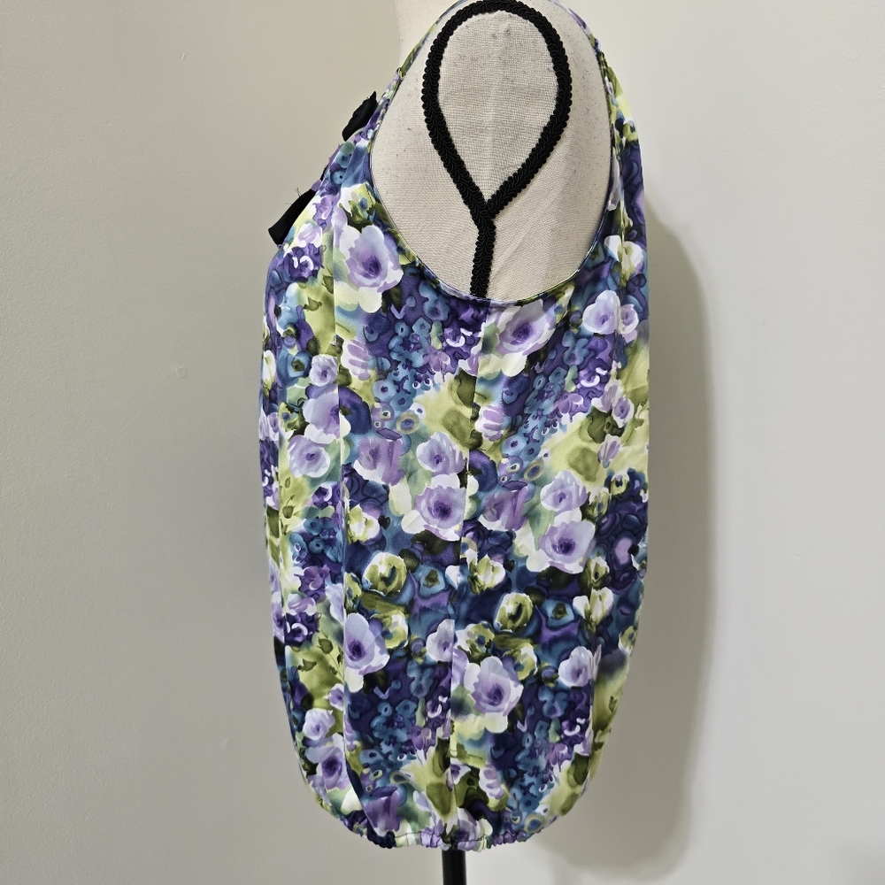 SUNNY LEIGH size Small Floral Satin Tank 3D‎ Neckline Purple Green Cottagecore - Picture 3 of 12